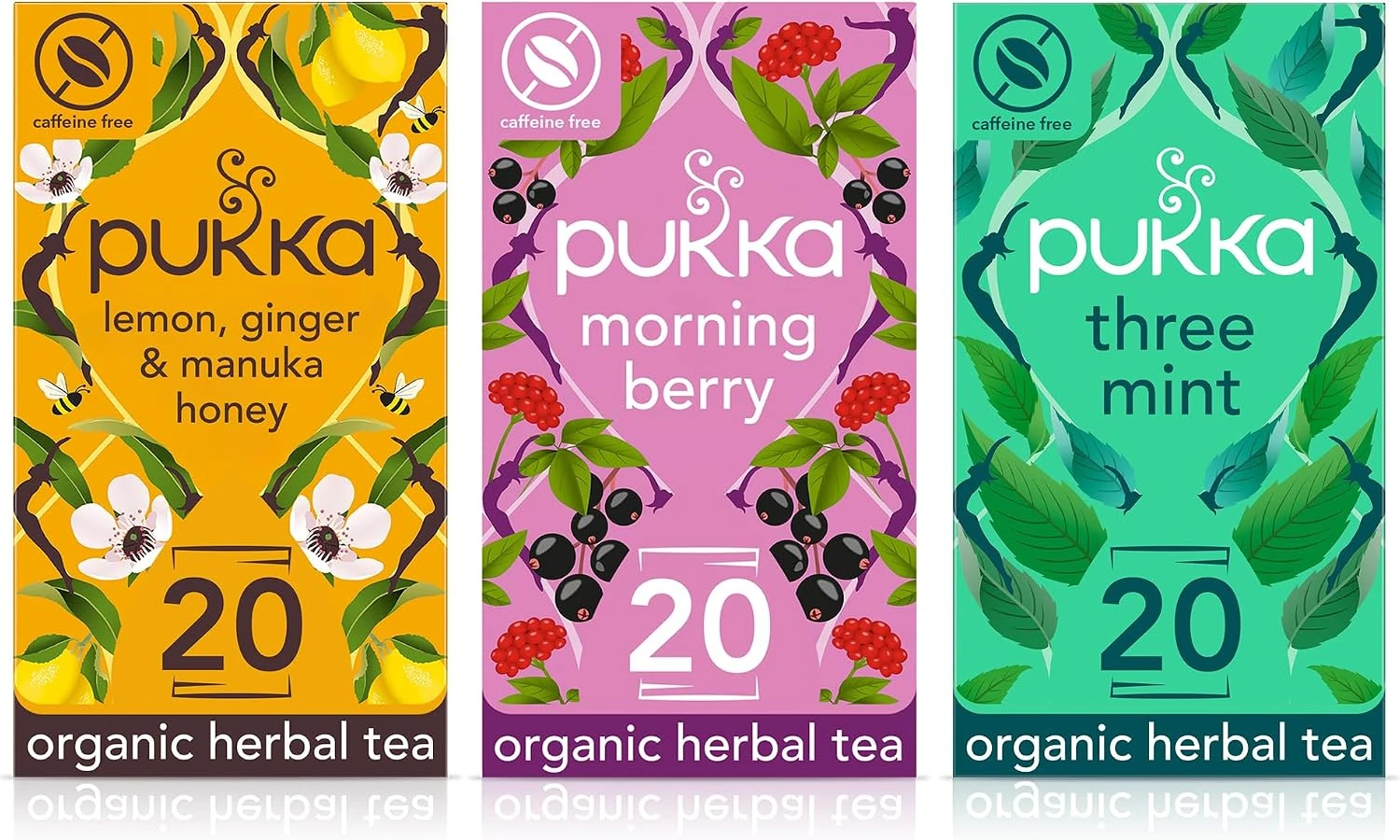 Pukka organic herbal tea, Lemon Ginger & Manuka Honey, Morning Berry, and Three Mint