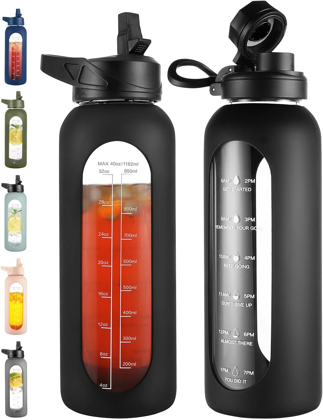 Glass water bottle with fruit infuser and motivational time markers